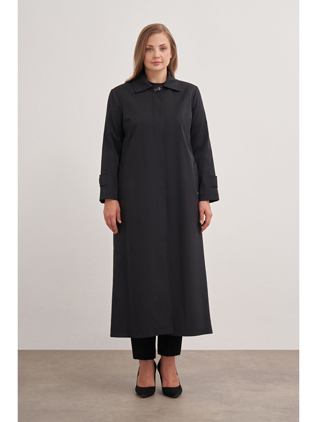 Siyah 7647112 Çan Kesim Trençkot-1