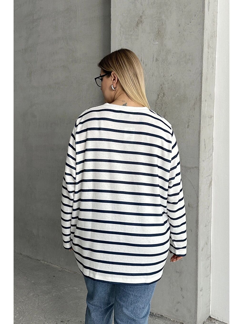 Lacivert Büyük Beden Uzun Kollu Çizgili Mevsimlik T-shirt SD-1063-7