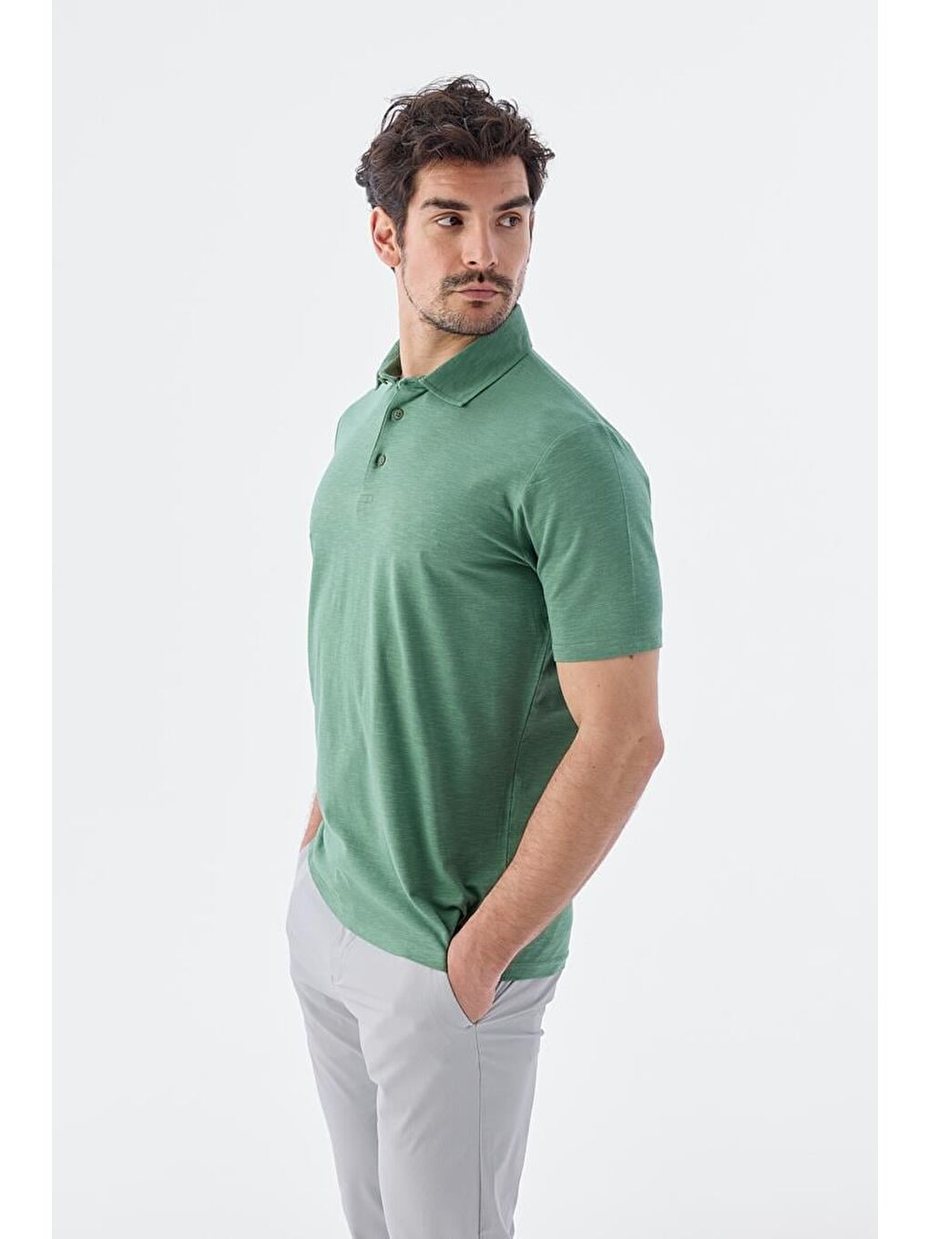 Yeşil Düğme Detaylı Slim Fit Polo Yaka T-Shirt-1