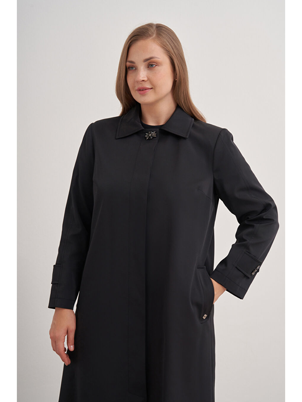 Siyah 7647112 Çan Kesim Trençkot-4