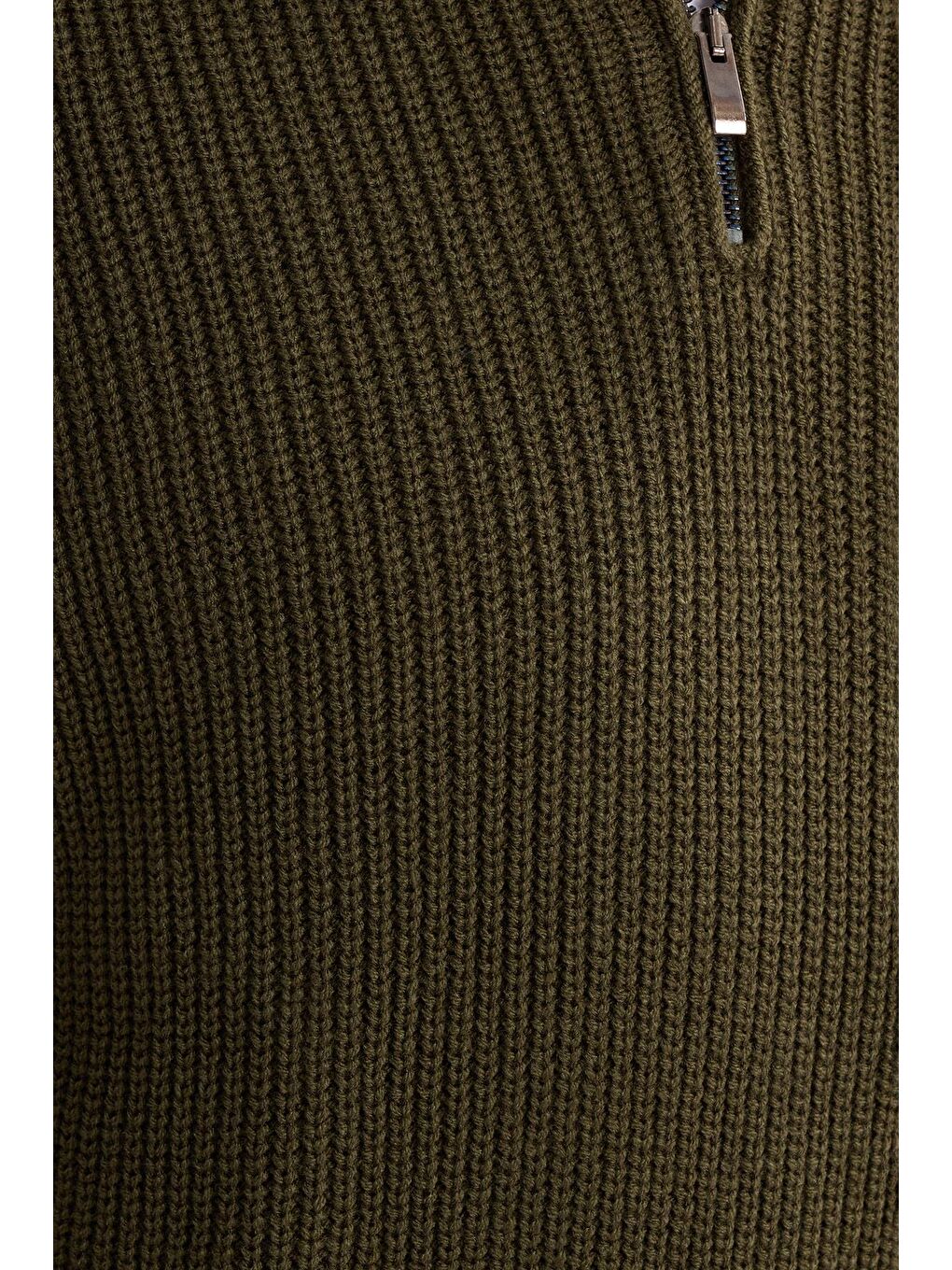 Erkek Slim Fit Dar Kesim Fermuarlı Haki Dik Yaka Triko Kazak-5