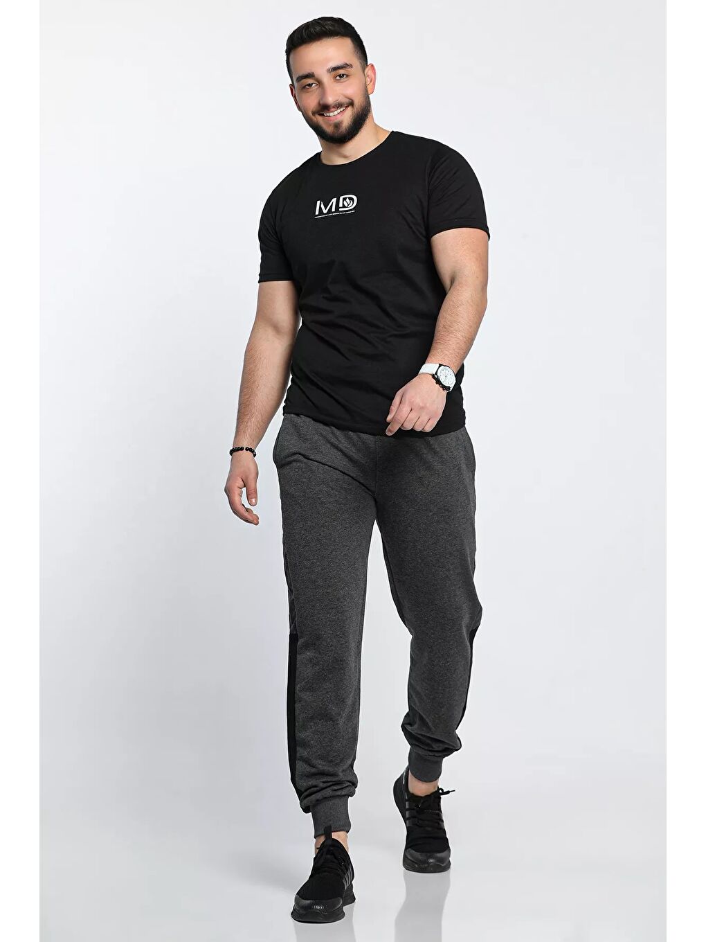 Antrasit Paça Ve Bel Lastikli Yan Desenli Şerit Detaylı Erkek Eşofman Altı-1