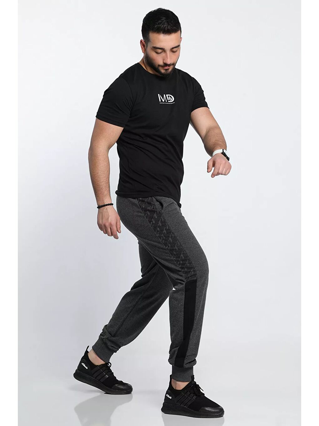 Antrasit Paça Ve Bel Lastikli Yan Desenli Şerit Detaylı Erkek Eşofman Altı-2