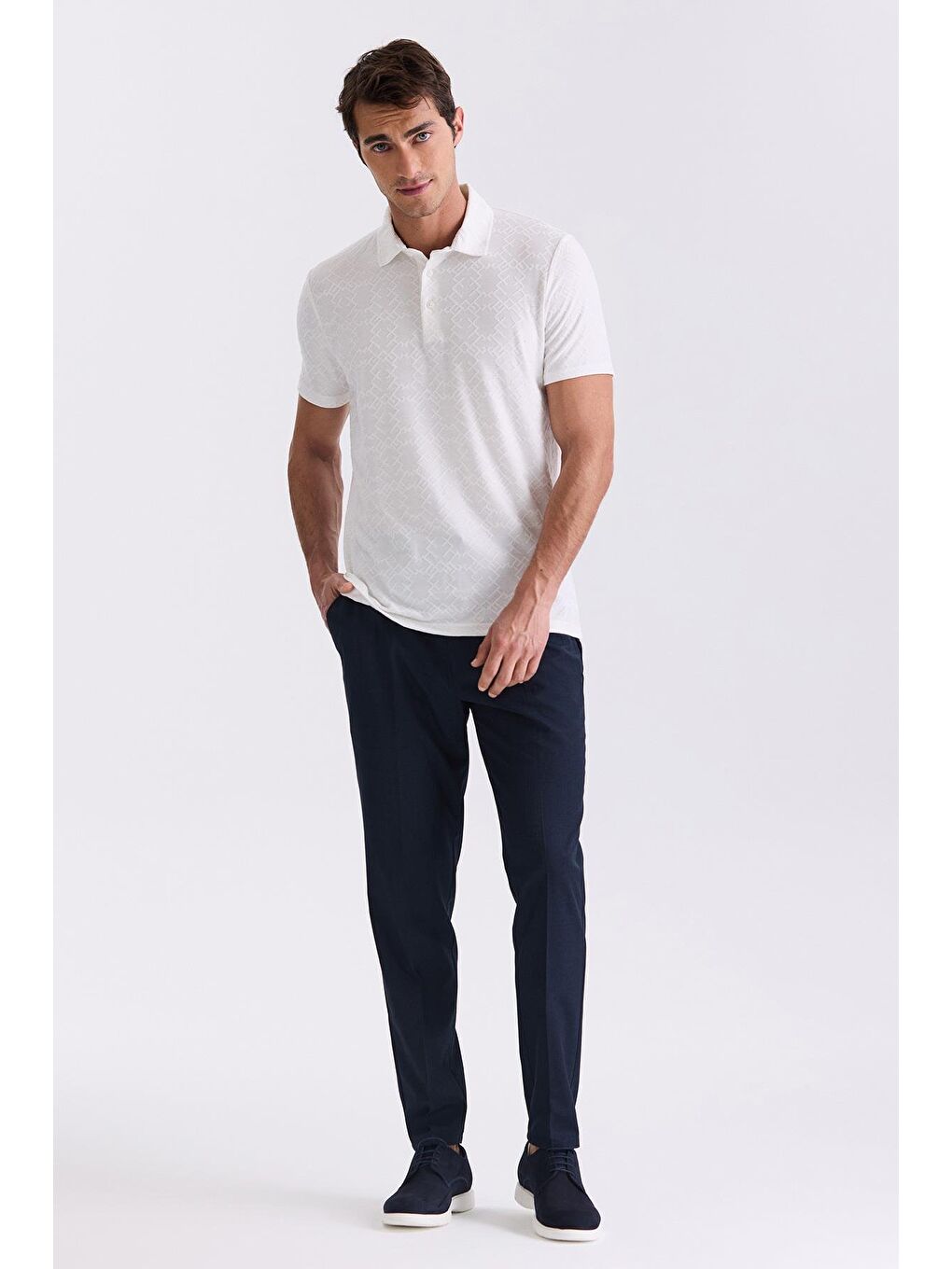 Ekru Slim Fit Desenli Polo Yaka T-Shirt-1