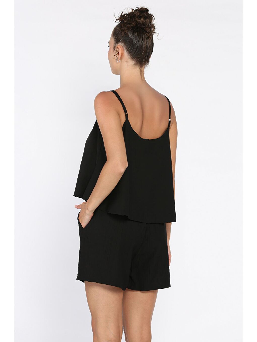 Siyah Kadın Ayarlanabilir Askılı Bluz Bel Lastikli Şort İkili Takım-2