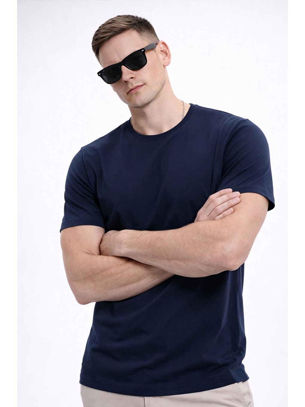 Lacivert Erkek/Unisex Bisiklet Yaka Basic Tişört %100 Pamuk - 371