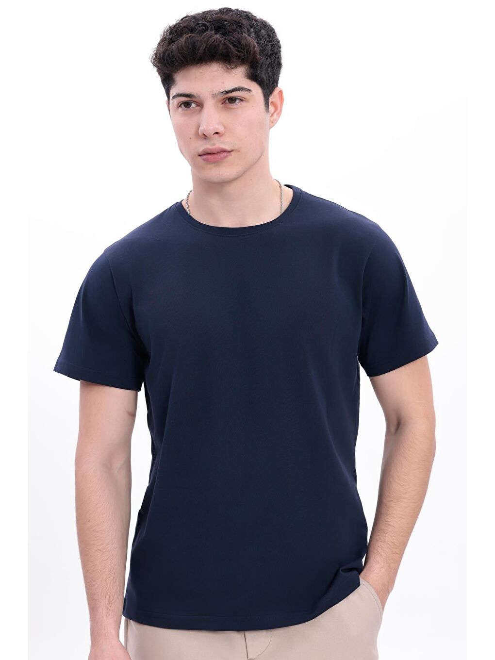 Lacivert Erkek/Unisex Bisiklet Yaka Basic Tişört %100 Pamuk - 371-1