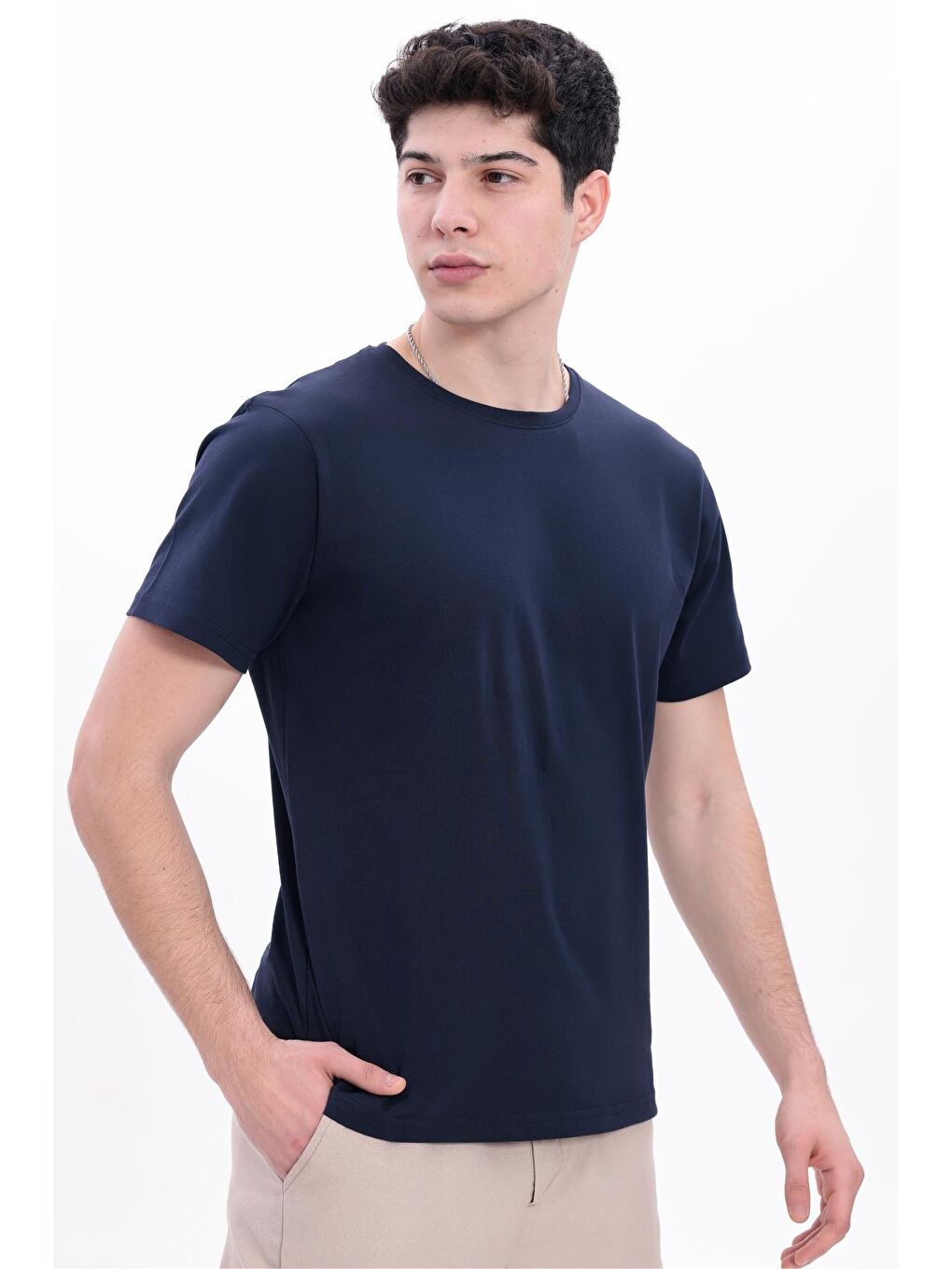 Lacivert Erkek/Unisex Bisiklet Yaka Basic Tişört %100 Pamuk - 371-2