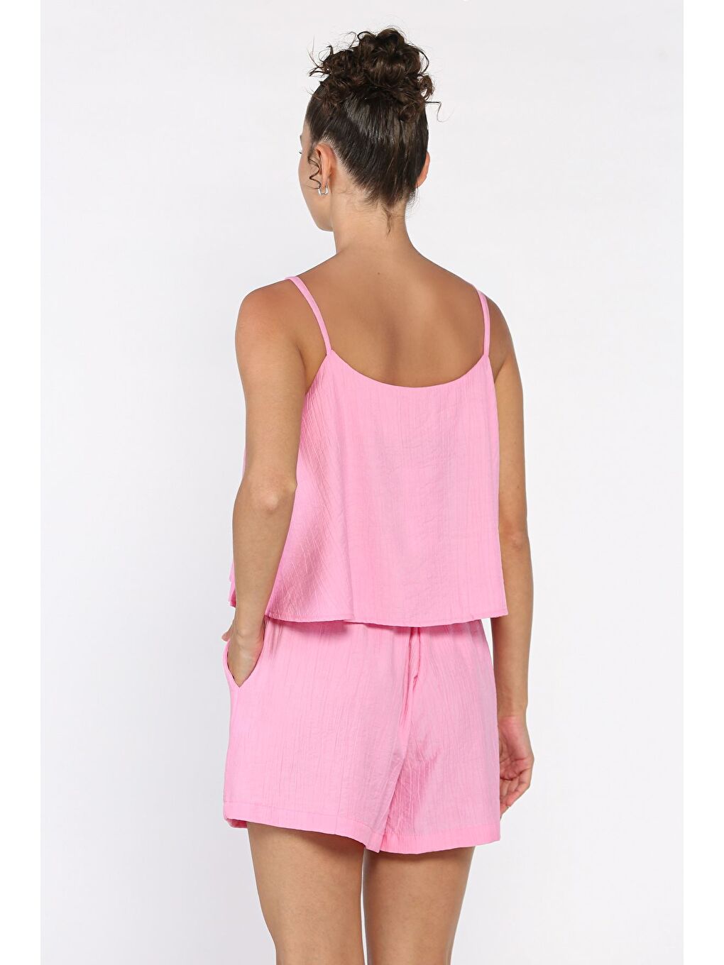 Pembe Kadın Ayarlanabilir Askılı Bluz Bel Lastikli Şort İkili Takım-2