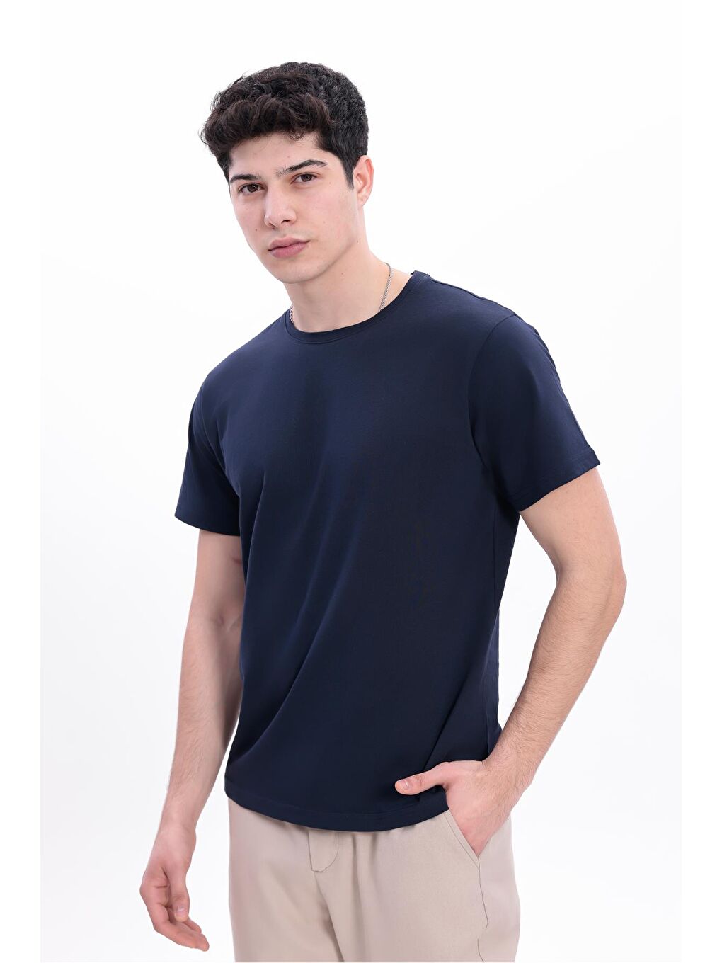 Lacivert Erkek/Unisex Bisiklet Yaka Basic Tişört %100 Pamuk - 371-3