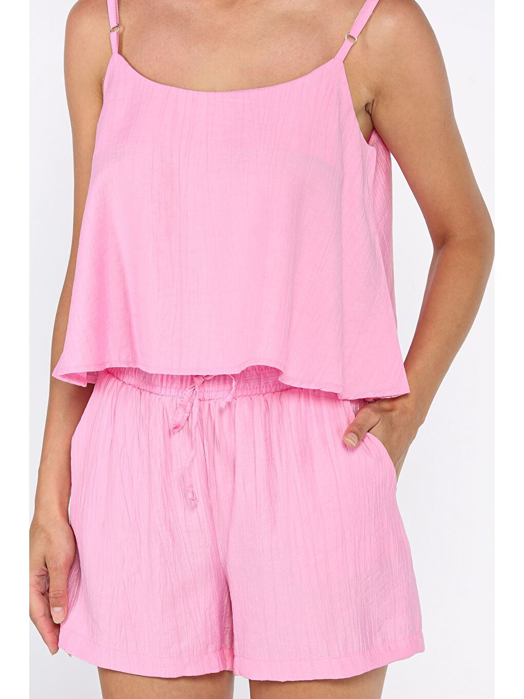 Pembe Kadın Ayarlanabilir Askılı Bluz Bel Lastikli Şort İkili Takım-3