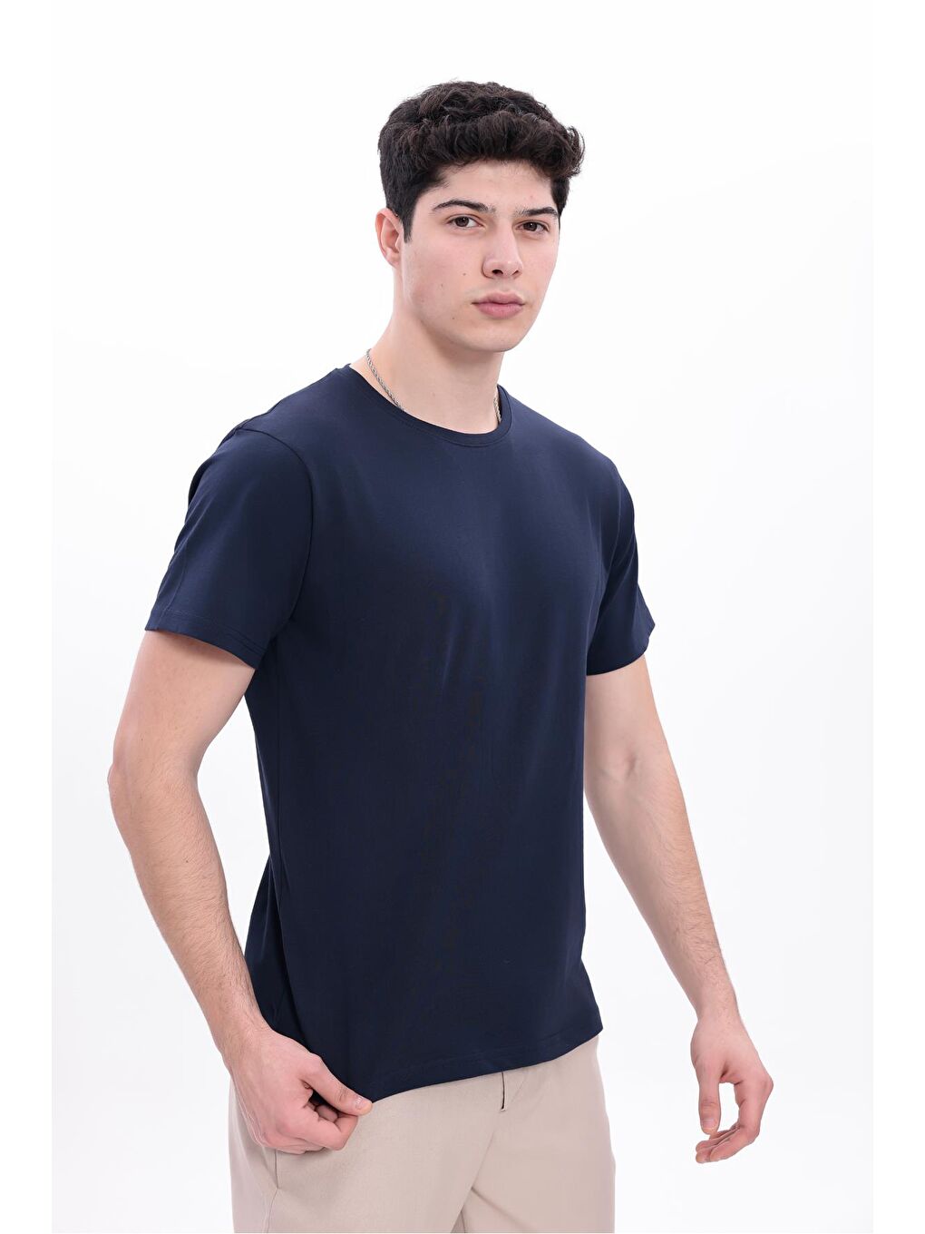 Lacivert Erkek/Unisex Bisiklet Yaka Basic Tişört %100 Pamuk - 371-4