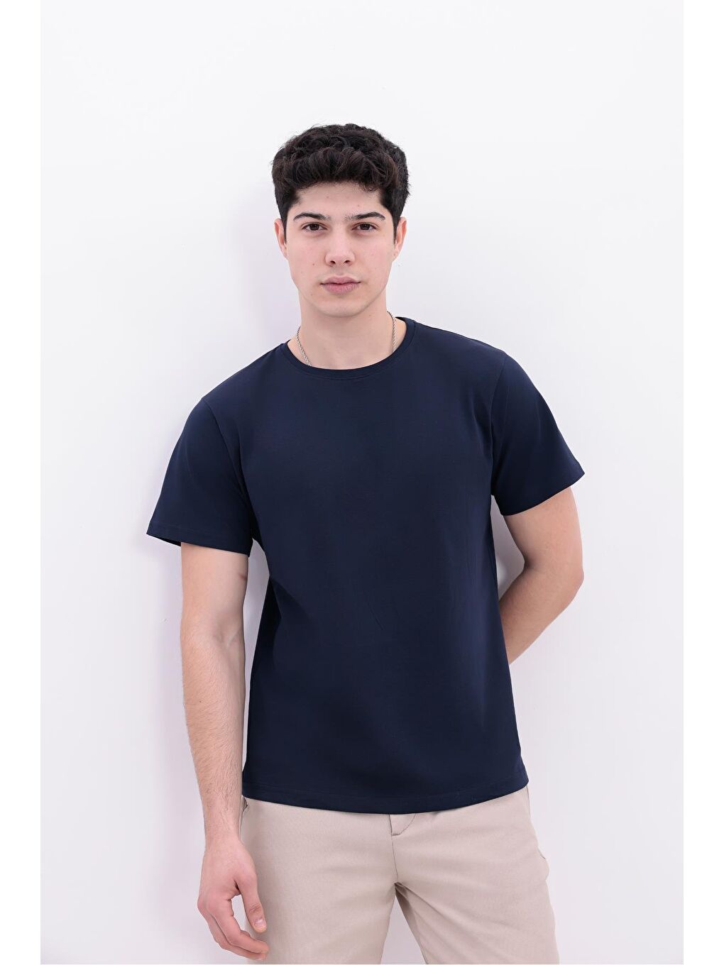 Lacivert Erkek/Unisex Bisiklet Yaka Basic Tişört %100 Pamuk - 371-5