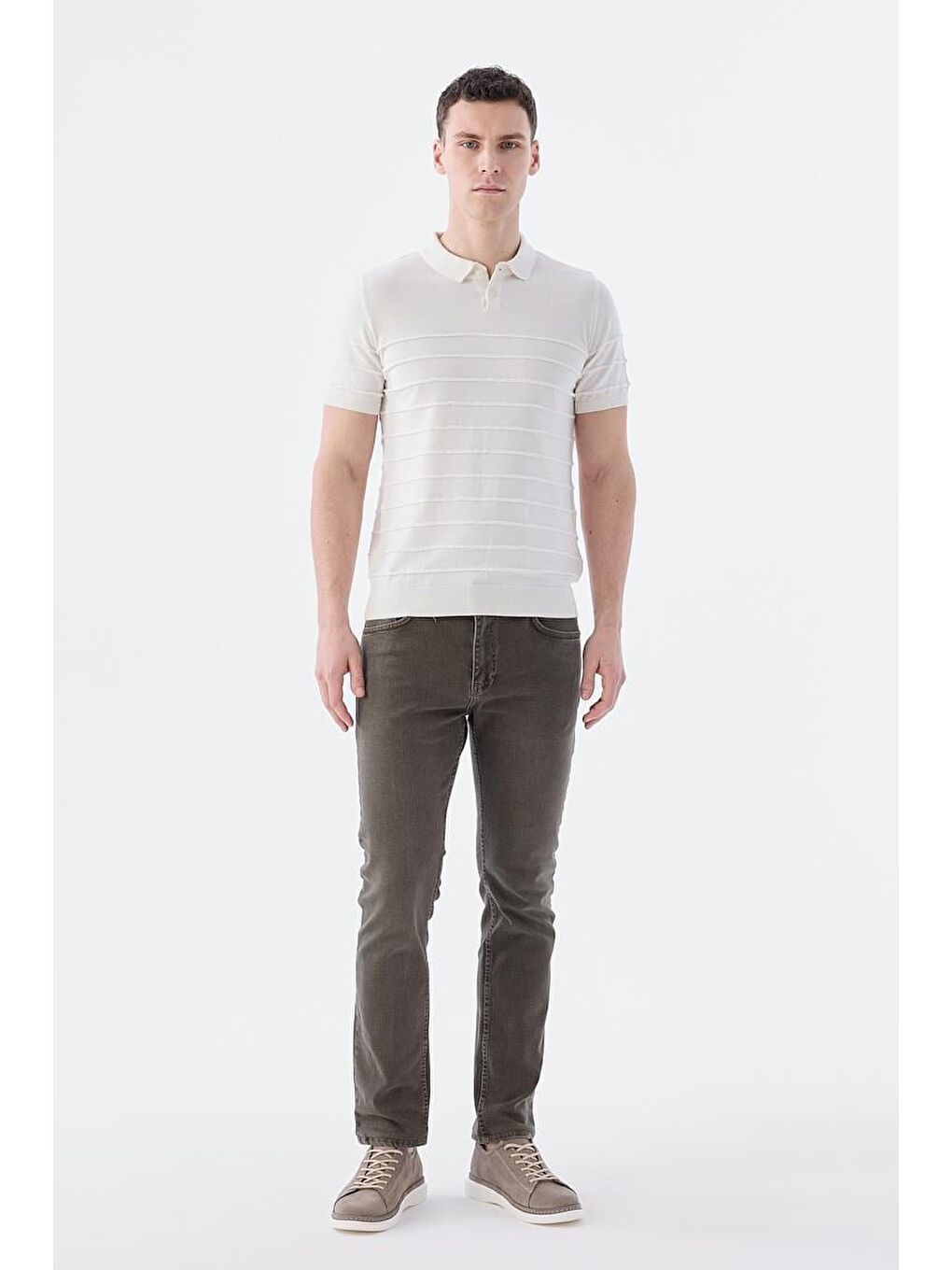 Ekru Slim Fit Düğmeli Polo Yaka T-Shirt-1