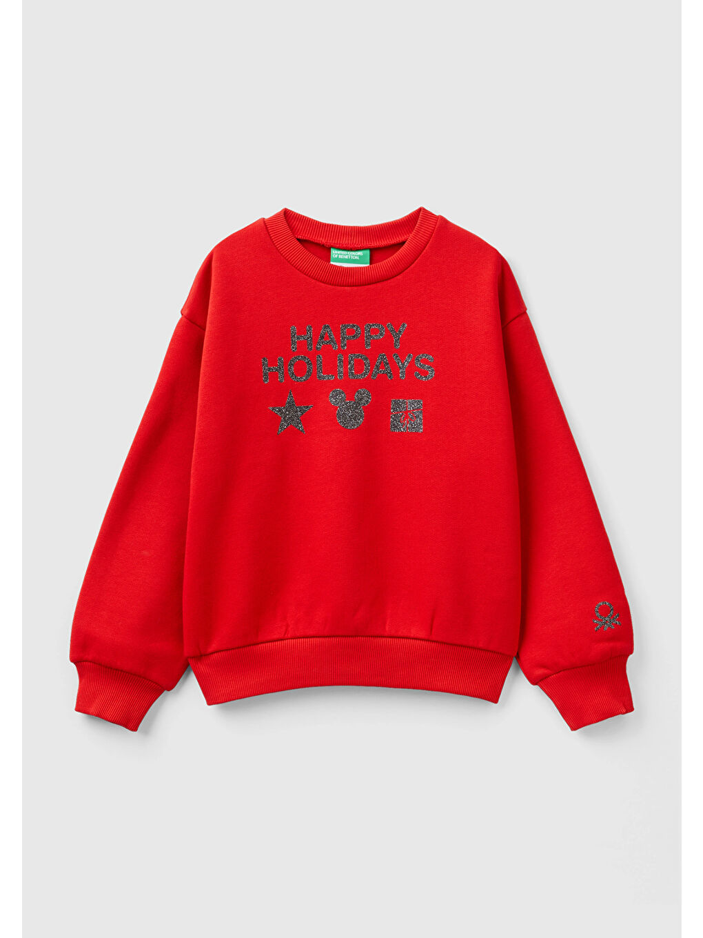 Kız Çocuk Kırmızı XMAS Mickey Baskılı Düşük Omuzlu Sweatshirt