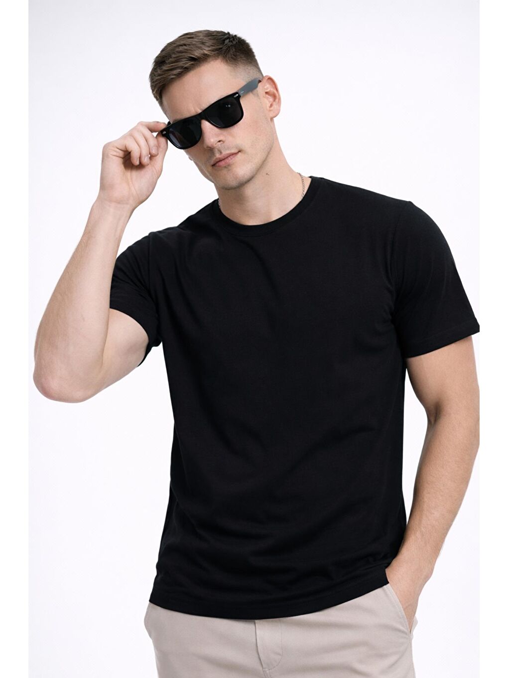 Siyah Erkek/Unisex Bisiklet Yaka Basic Tişört %100 Pamuk - 371-1