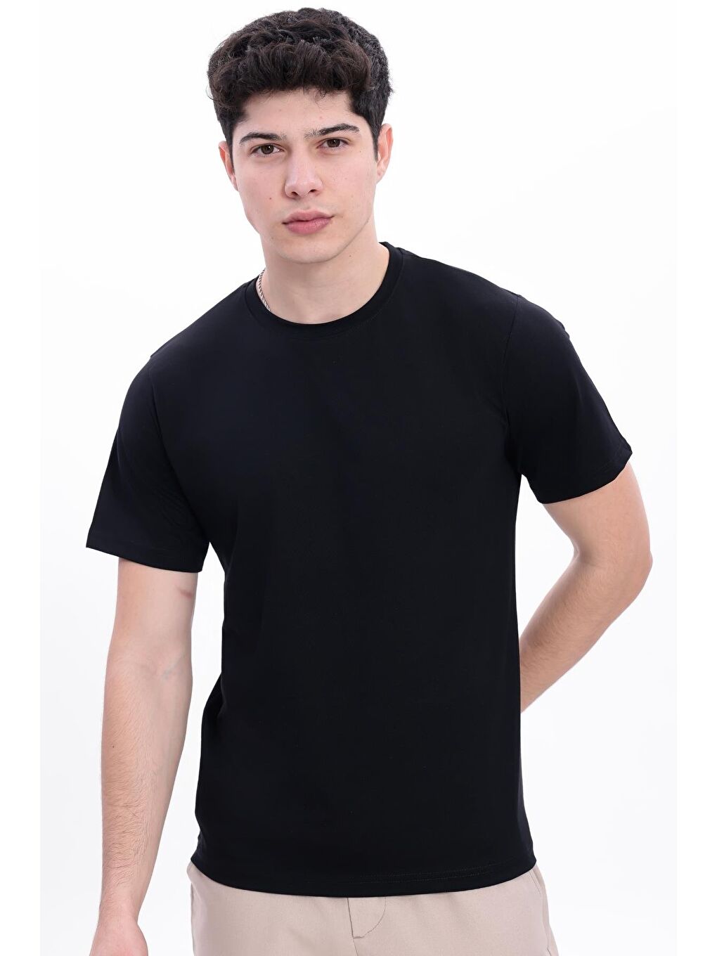 Siyah Erkek/Unisex Bisiklet Yaka Basic Tişört %100 Pamuk - 371-2