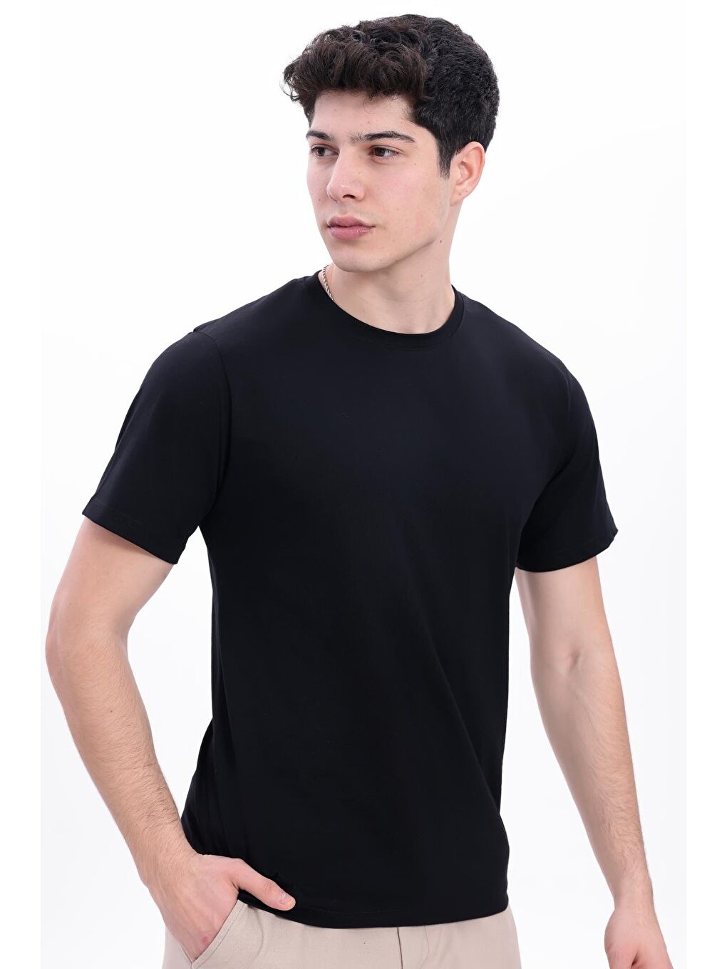 Siyah Erkek/Unisex Bisiklet Yaka Basic Tişört %100 Pamuk - 371-3