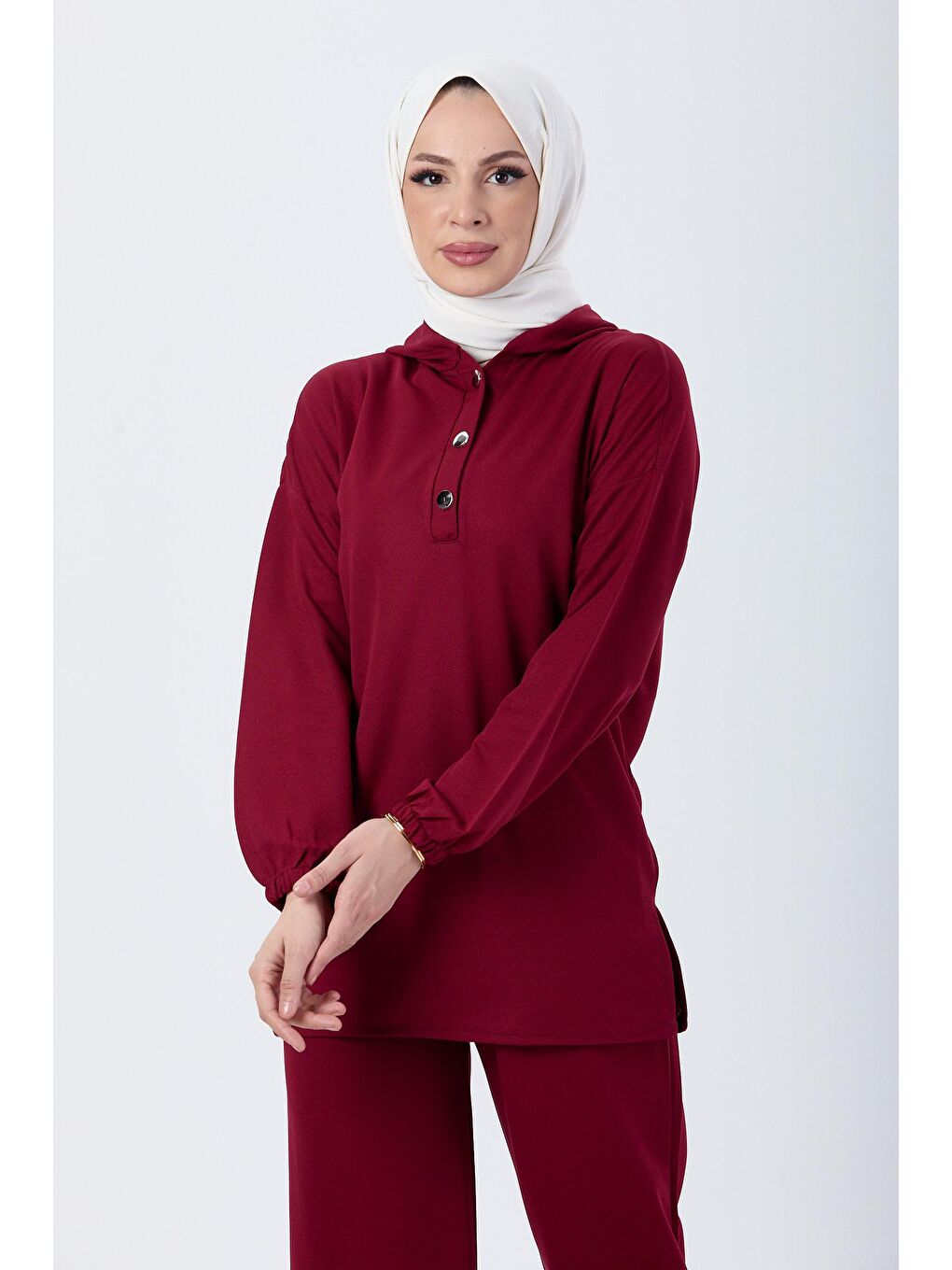 Kapüşonlu Yaka Kadın Bordo Tunik Pantolon - 13078-1