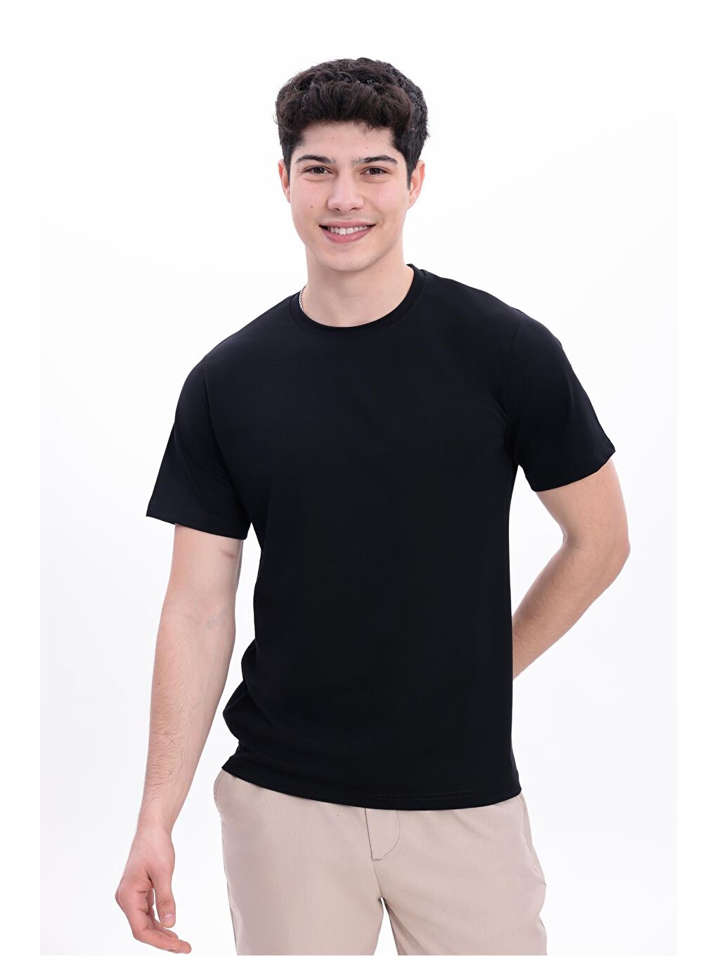 Siyah Erkek/Unisex Bisiklet Yaka Basic Tişört %100 Pamuk - 371-5