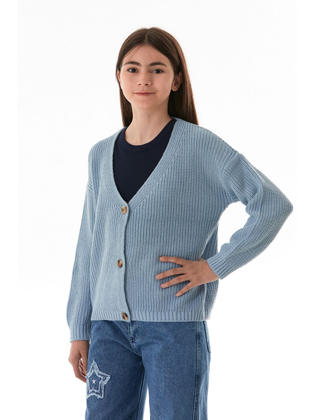 Mavi Düğmeli Kız Çocuk Triko Hırka