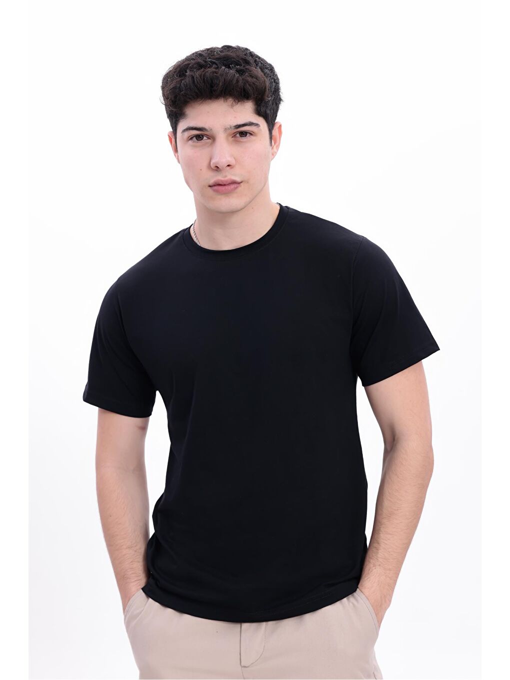 Siyah Erkek/Unisex Bisiklet Yaka Basic Tişört %100 Pamuk - 371-6