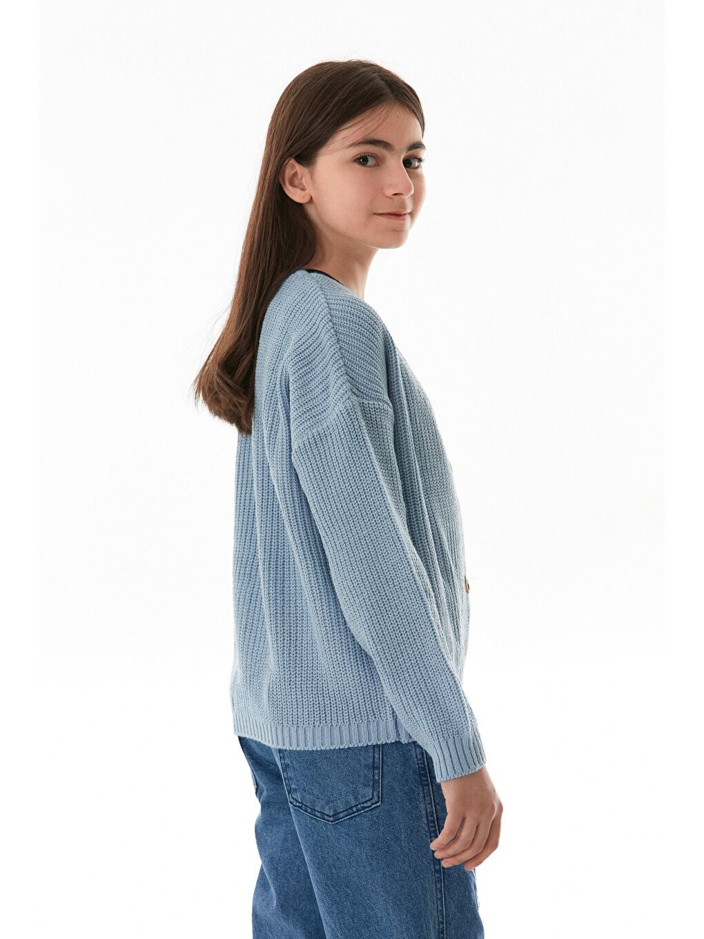 Mavi Düğmeli Kız Çocuk Triko Hırka-2