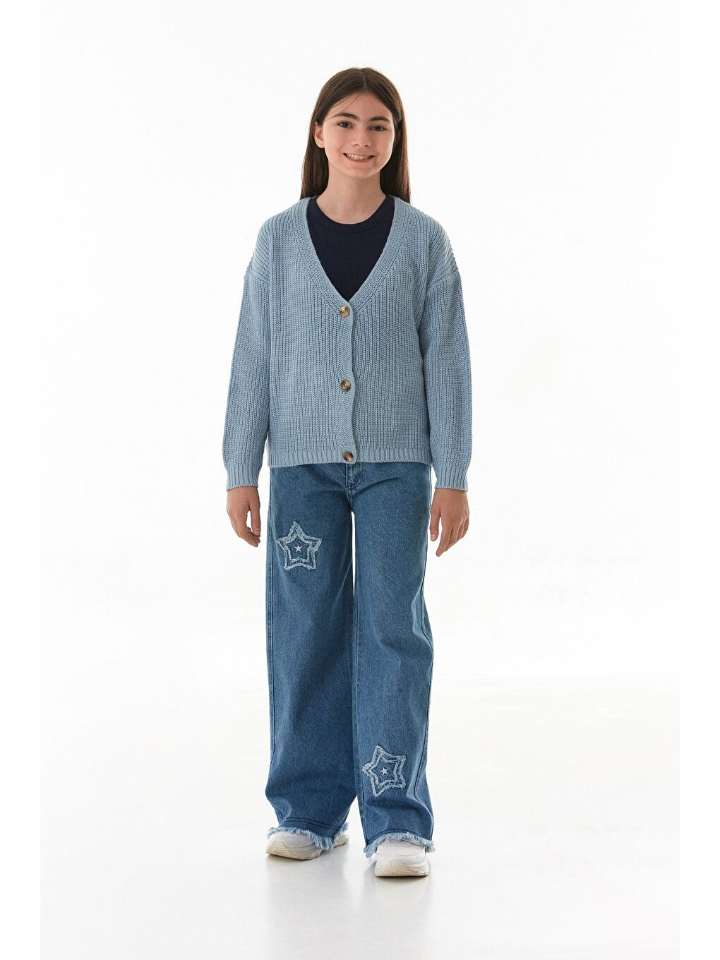 Mavi Düğmeli Kız Çocuk Triko Hırka-4