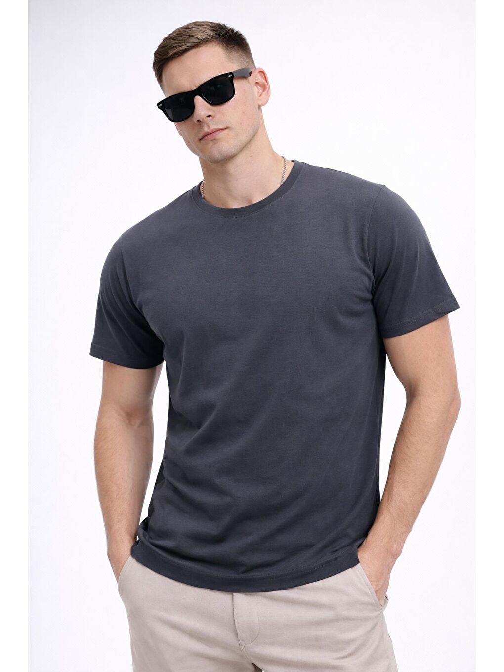 Antrasit Erkek/Unisex Bisiklet Yaka Basic Tişört %100 Pamuk - 371