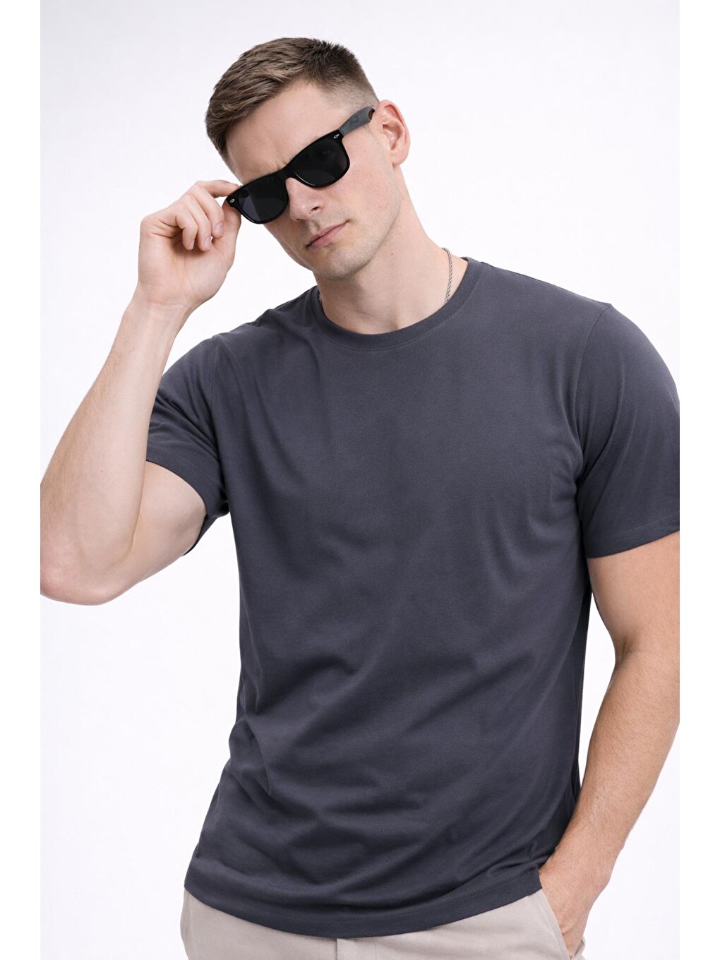 Antrasit Erkek/Unisex Bisiklet Yaka Basic Tişört %100 Pamuk - 371-1