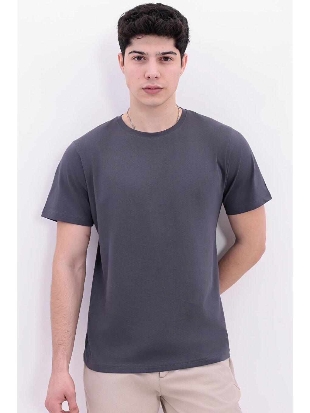 Antrasit Erkek/Unisex Bisiklet Yaka Basic Tişört %100 Pamuk - 371-2