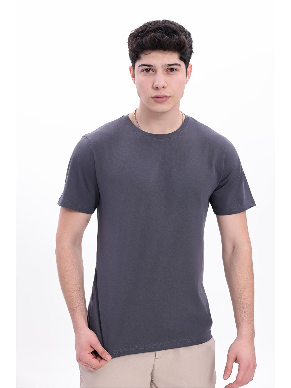 Antrasit Erkek/Unisex Bisiklet Yaka Basic Tişört %100 Pamuk - 371-4