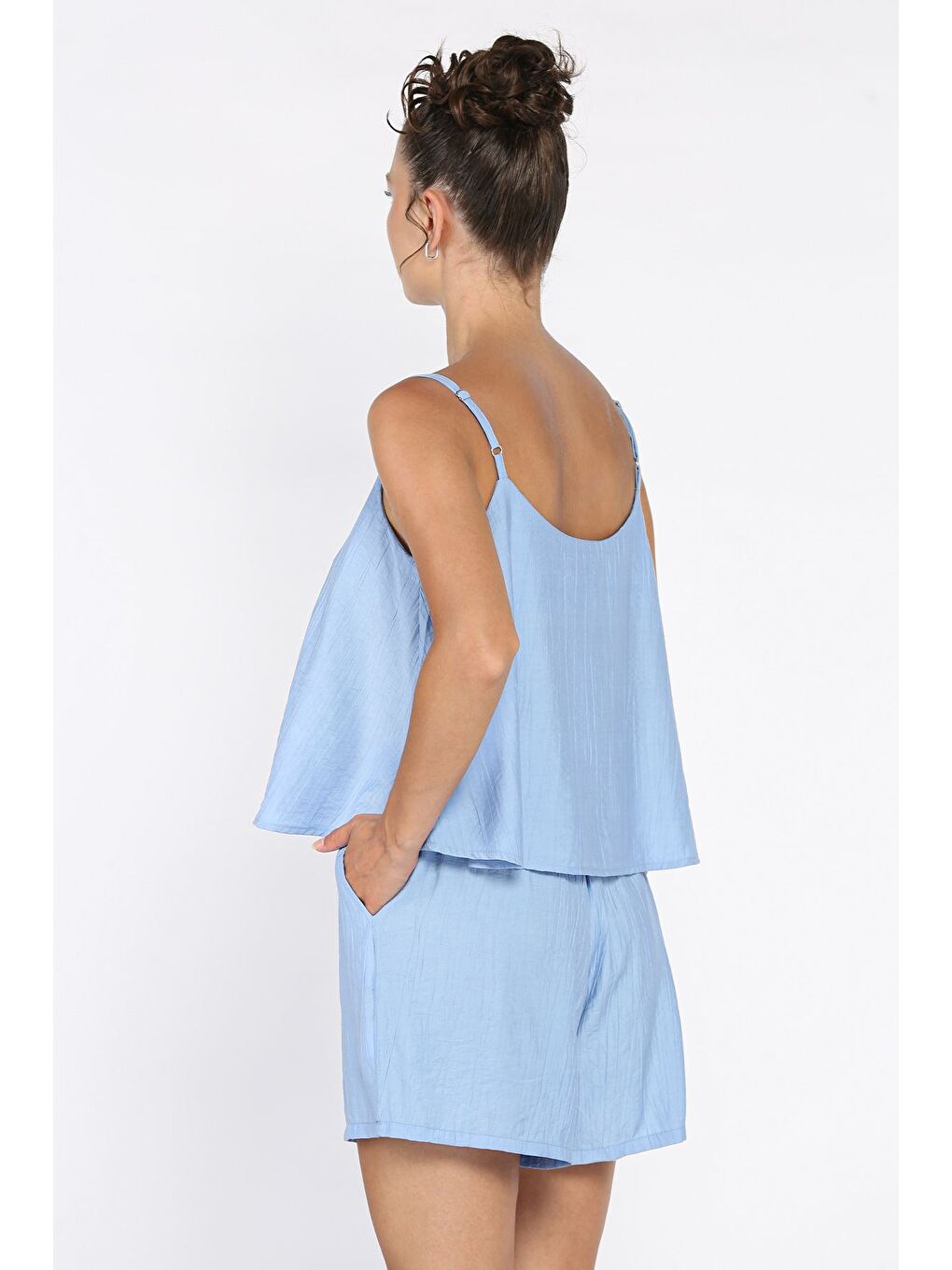 Mavi Kadın Ayarlanabilir Askılı Bluz Bel Lastikli Şort İkili Takım-2