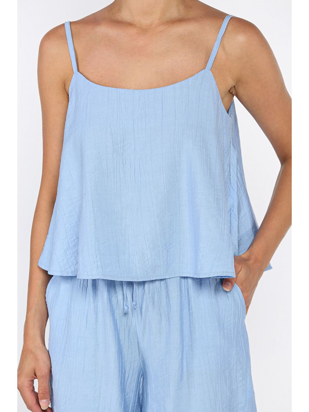 Mavi Kadın Ayarlanabilir Askılı Bluz Bel Lastikli Şort İkili Takım-3