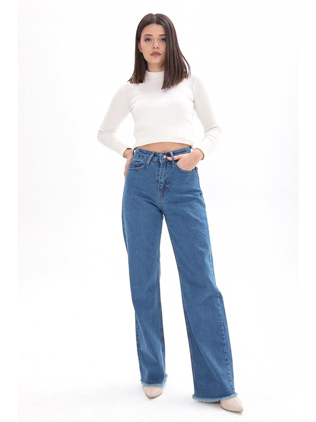 TOFİSA Düz Orta Kadın Yeşil Wide Leg Yüksek Bel Geniş Paça Jean Pantolon - 23663