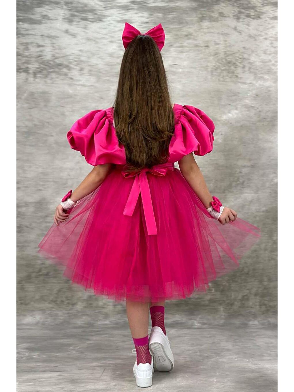 Kız Çocuk Göğsü Saten Kumaş Beli Fiyonk Detaylı Karpuz Kollu Tüllü Fuşya Abiye-1