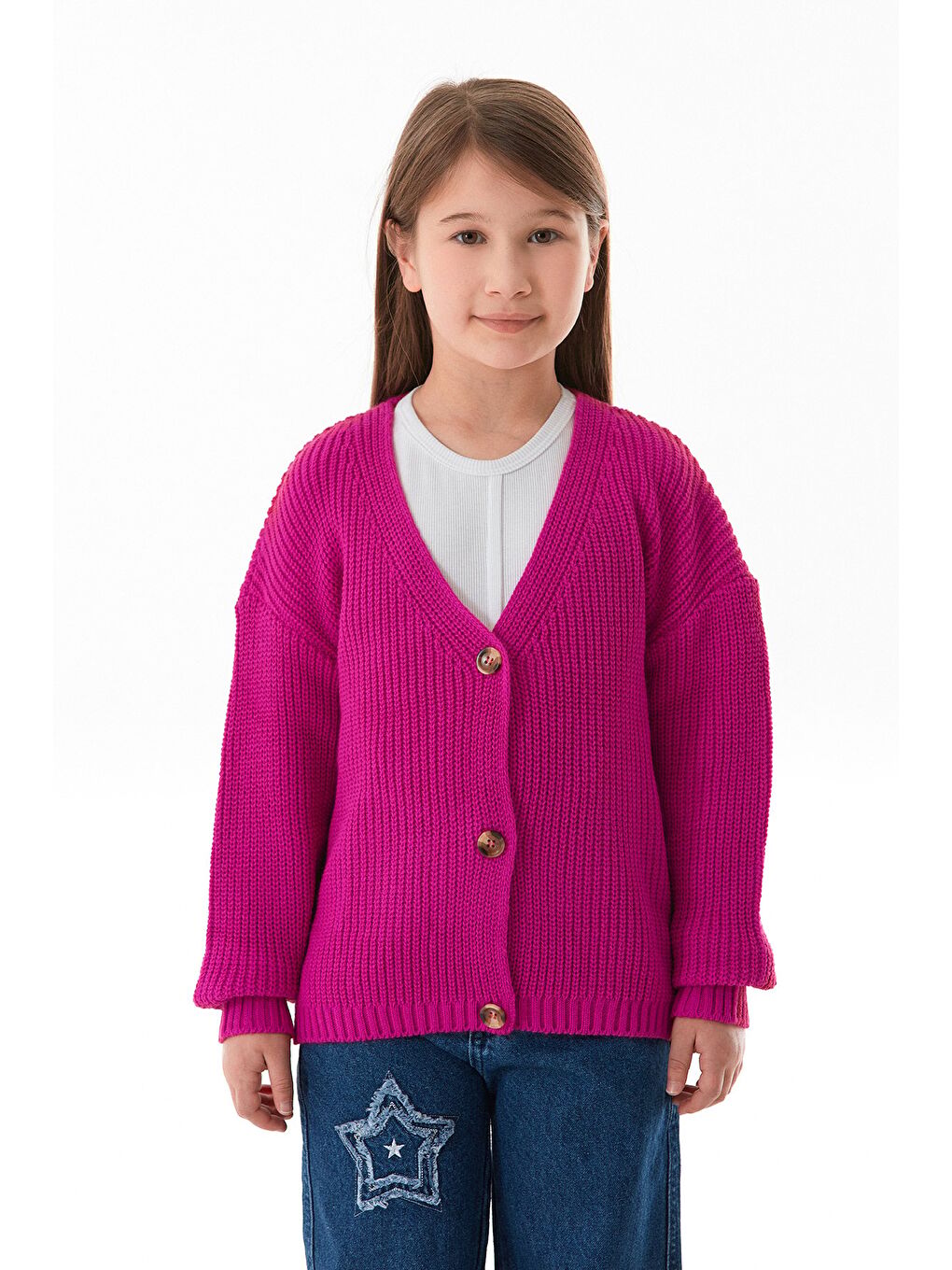Fuşya Düğmeli Kız Çocuk Triko Hırka