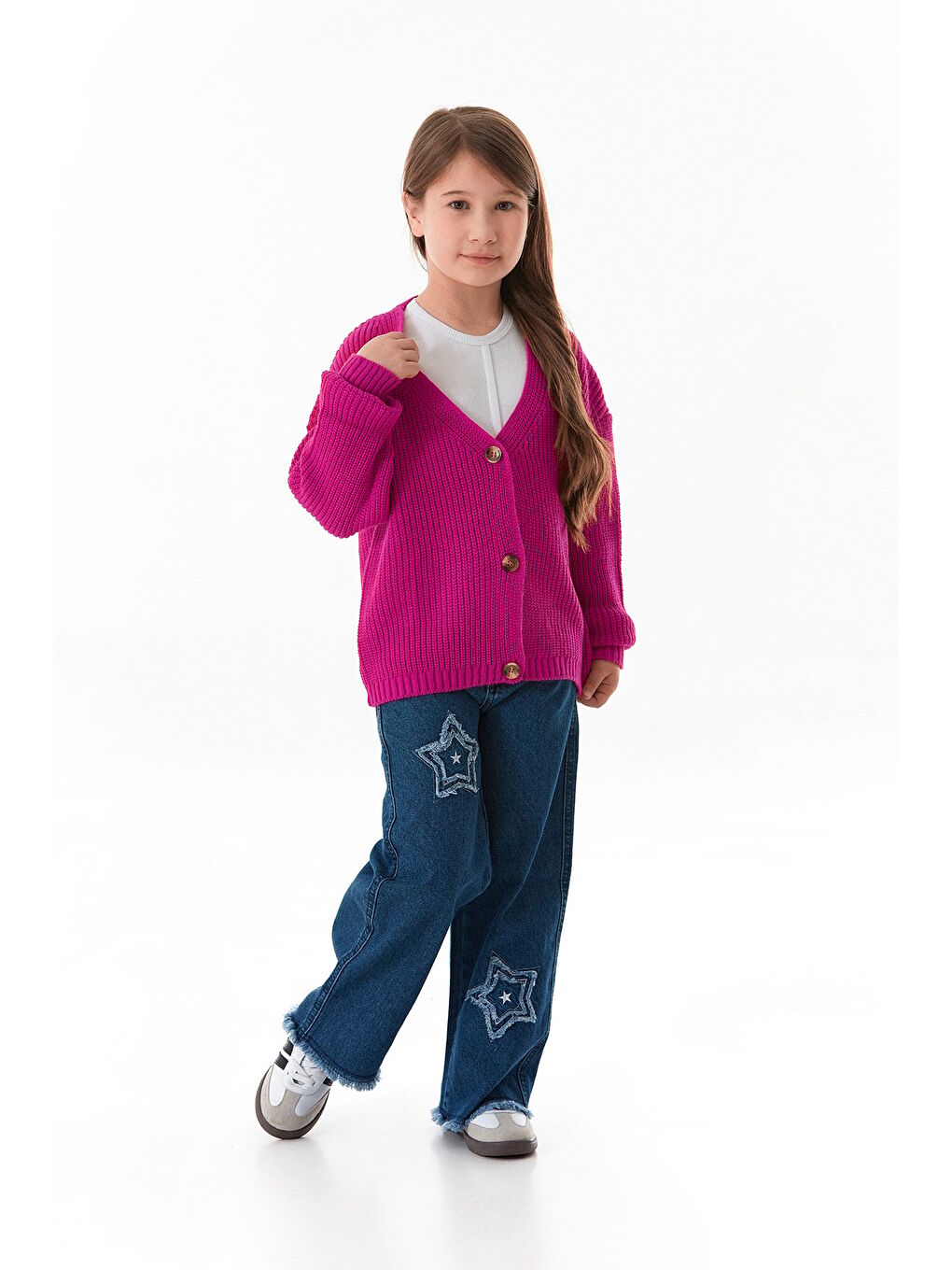 Fuşya Düğmeli Kız Çocuk Triko Hırka-1