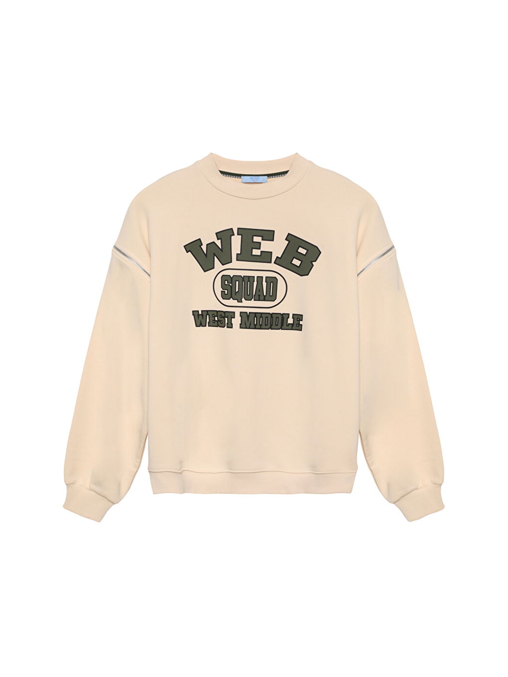 QUZU Kolu Fermuarlı Yazı Baskılı Sweatshirt Bej