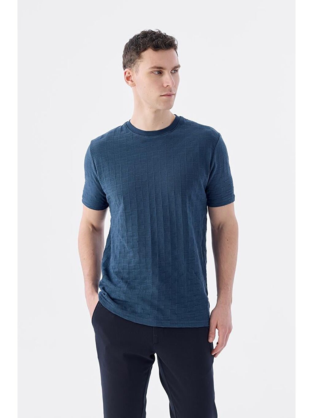 Lacivert Slim Fit Triko Bisiklet Yaka T-Shirt-2