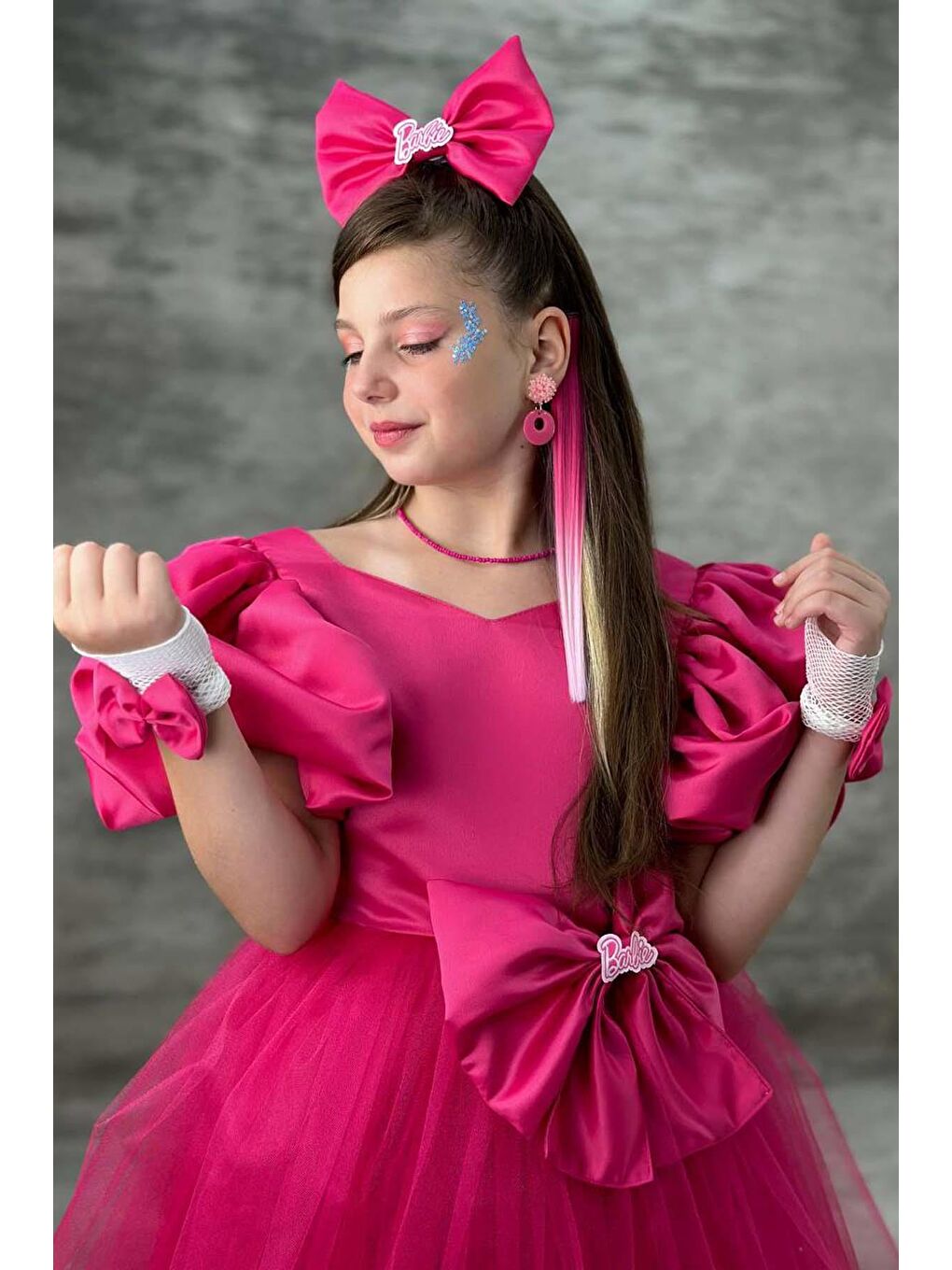 Kız Çocuk Göğsü Saten Kumaş Beli Fiyonk Detaylı Karpuz Kollu Tüllü Fuşya Abiye-2