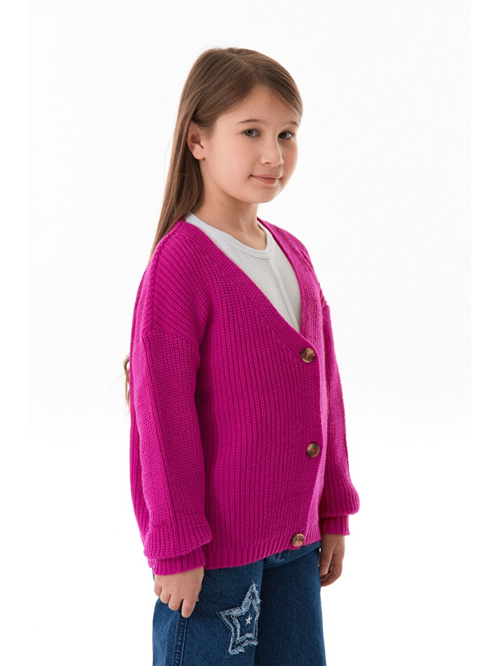 Fuşya Düğmeli Kız Çocuk Triko Hırka-3