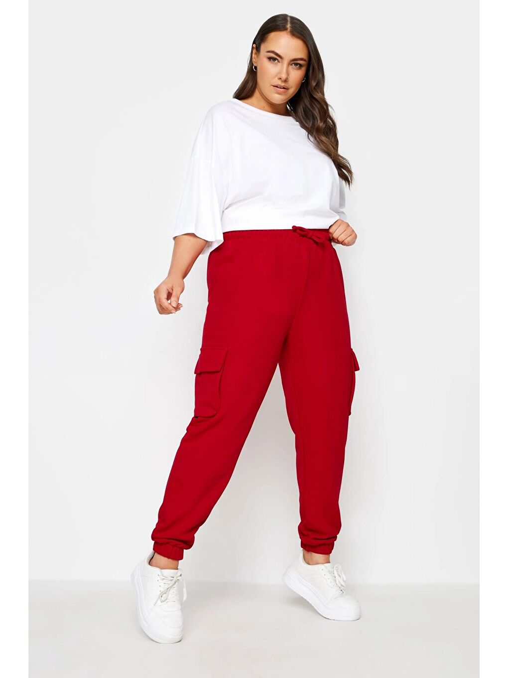 Kırmızı Büyük Beden Paçası Lastikli Cep Detaylı Kargo Jogger Pantolon 302773