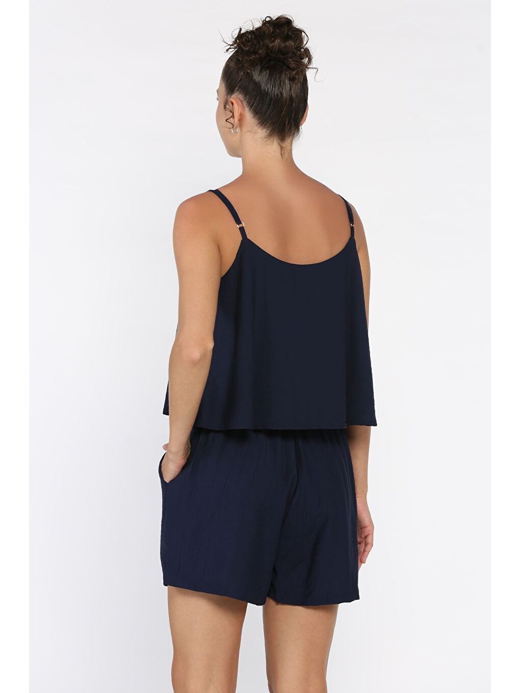 Lacivert Kadın Ayarlanabilir Askılı Bluz Bel Lastikli Şort İkili Takım-2