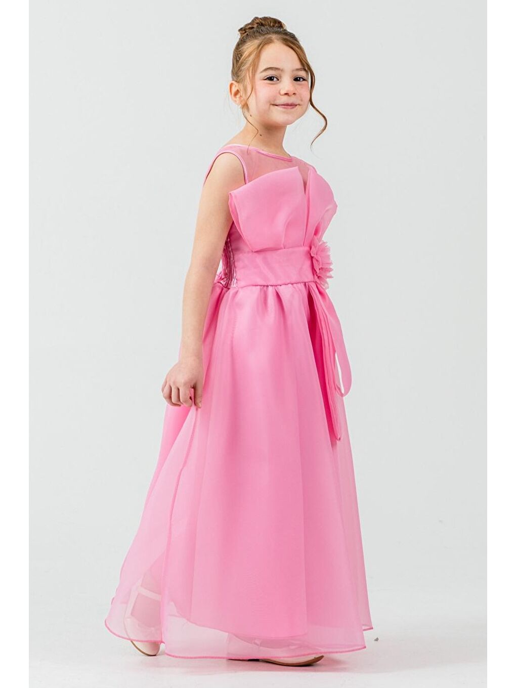 Pembe Kız Çocuk Organze Tül Çiçek ve Fiyonk Detaylı Gipe Sırtlı Prenses Abiye Elbise M00800-1