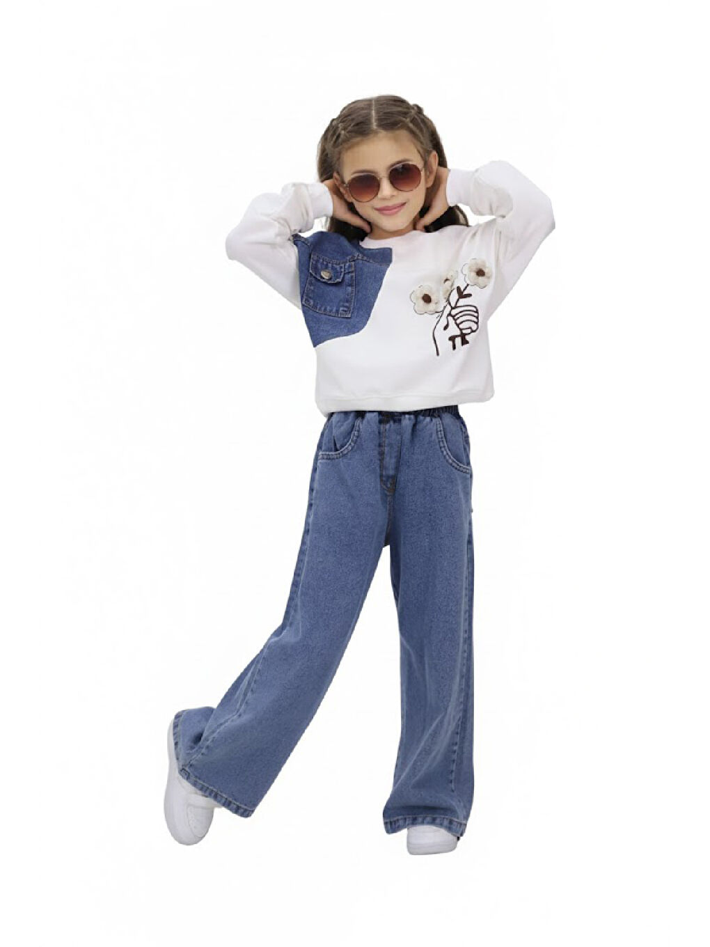 Mavi Kız Çocuk 2'li Jean Takım (Pantolon+Sweatshirt) 5-10 Yaş 12470-1