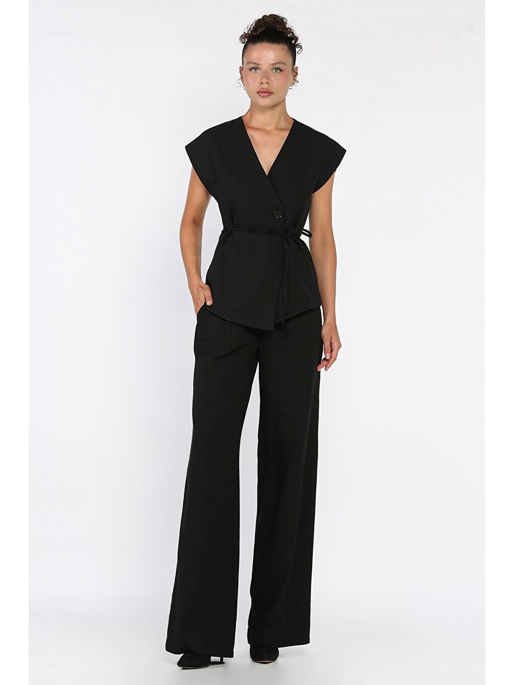 Siyah Bel Bağlamalı Astarlı Kadın Yelek Pantolon Keten İkili Takım