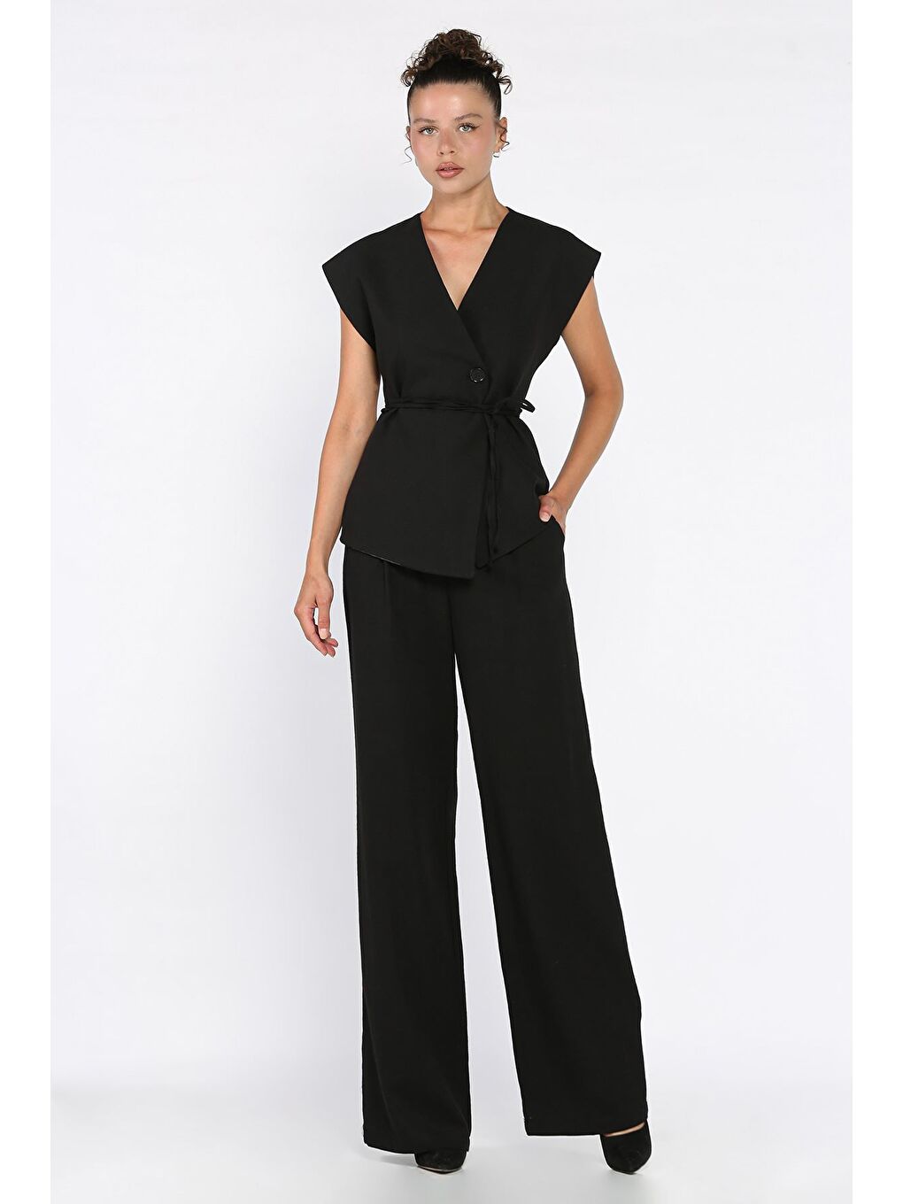 Siyah Bel Bağlamalı Astarlı Kadın Yelek Pantolon Keten İkili Takım-1