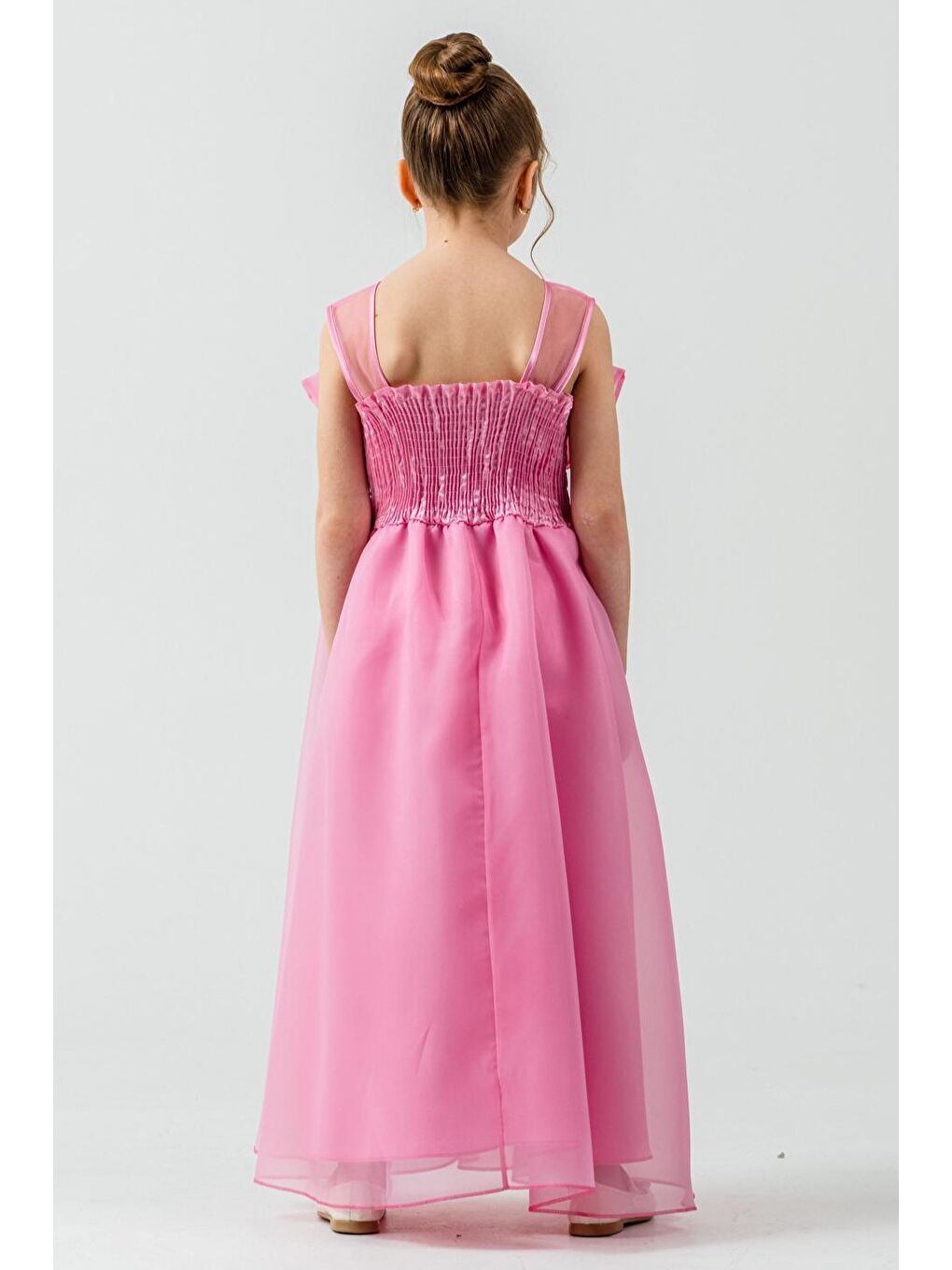 Pembe Kız Çocuk Organze Tül Çiçek ve Fiyonk Detaylı Gipe Sırtlı Prenses Abiye Elbise M00800-3