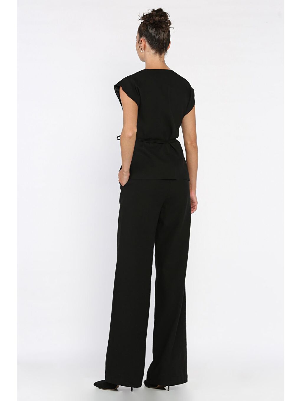 Siyah Bel Bağlamalı Astarlı Kadın Yelek Pantolon Keten İkili Takım-2